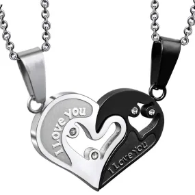 2 Pieces Set Stainless Steel Couple Necklaces His and Hers, Love Heart Necklace for Women Men Necklace Pendant, Jewelry Silver Black Heart Shaped Pendant Necklace Puzzle Matching - Chain 50CM& 55CM