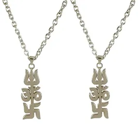 Adhvik (Set Of 2 Pcs Unisex Metal Fancy & Stylish Silver Plated Mahadev Bolenath Mahakaal Lord Shiva Shankar Om Satya with Trishul Swastik Or Shubh-Labh Locket Pendant Necklace With Chain