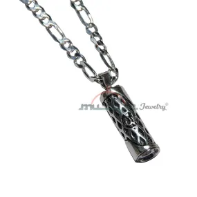 Allah Lattice Design Glass Jawshan Cevsen Vial Enclosed In Sterling Silver Islamic Talisman Pendant Tavis With 25" Figaro Chain