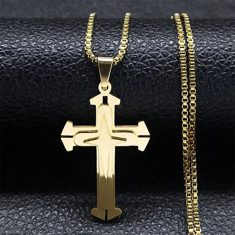 Catholic Christ Jesus Cross Necklace Stainless Steel Religion Aesthetic Three-layer Pendant Necklaces
