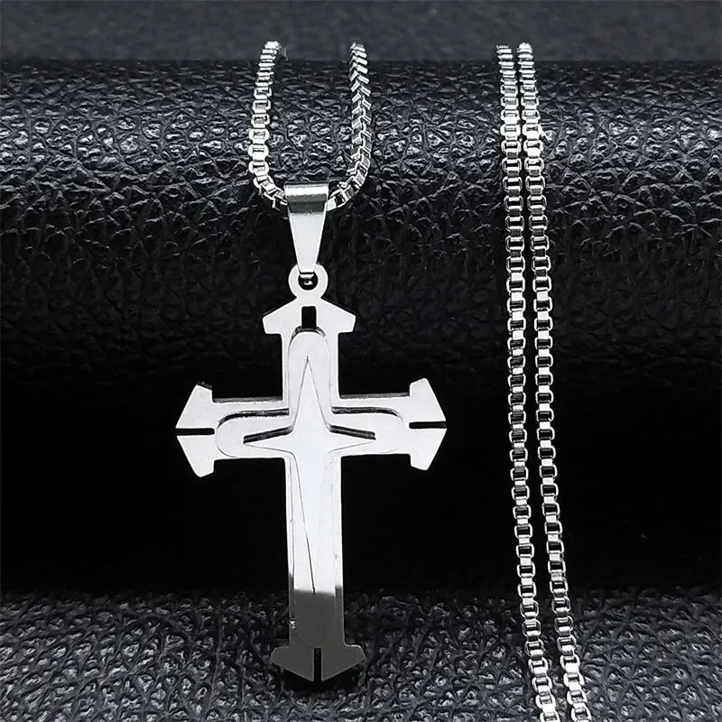 Catholic Christ Jesus Cross Necklace Stainless Steel Religion Aesthetic Three-layer Pendant Necklaces