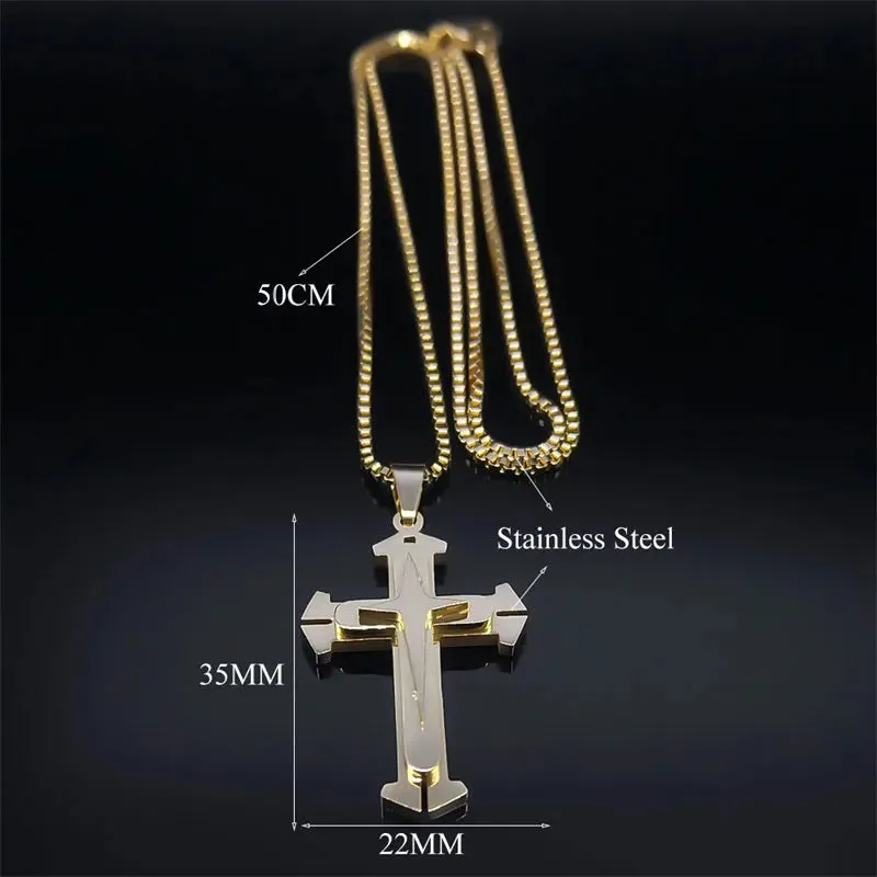 Catholic Christ Jesus Cross Necklace Stainless Steel Religion Aesthetic Three-layer Pendant Necklaces