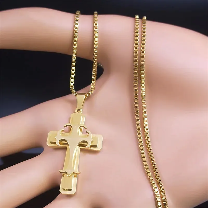 Catholic Crucifix Cross Necklace for Women Men Gold Color Stainless Steel Religious Aesthetic Chain