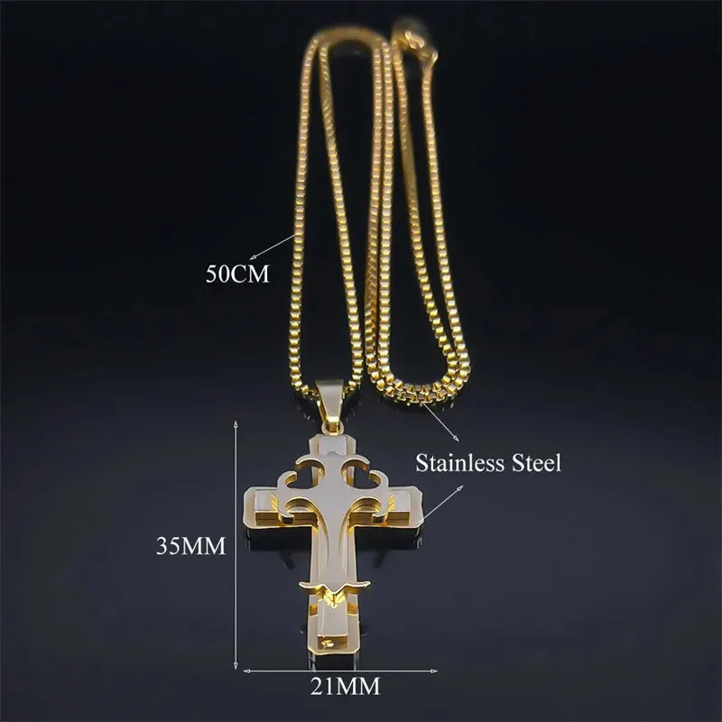 Catholic Crucifix Cross Necklace for Women Men Gold Color Stainless Steel Religious Aesthetic Chain