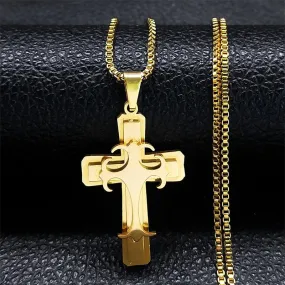 Catholic Crucifix Cross Necklace for Women Men Gold Color Stainless Steel Religious Aesthetic Chain