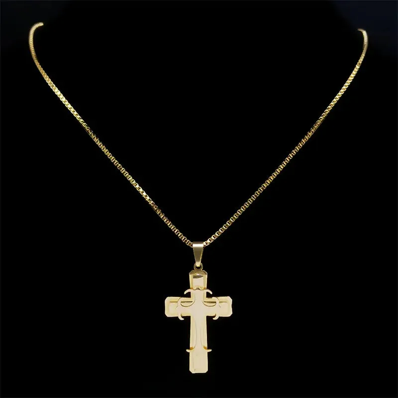 Catholic Crucifix Cross Necklace for Women Men Gold Color Stainless Steel Religious Aesthetic Chain