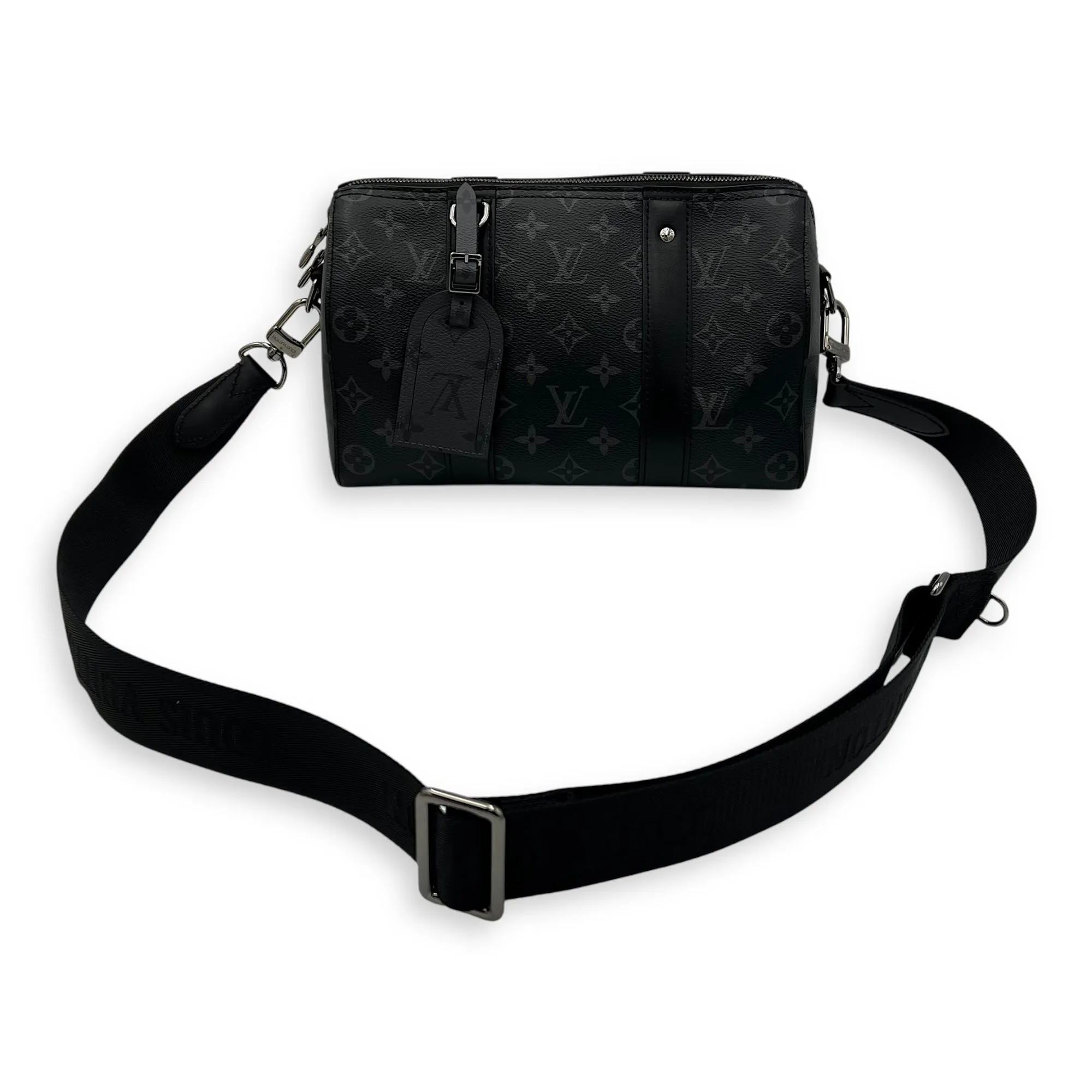 City Keepall Black Crossbody Bag in Coated Canvas, Silver hardware