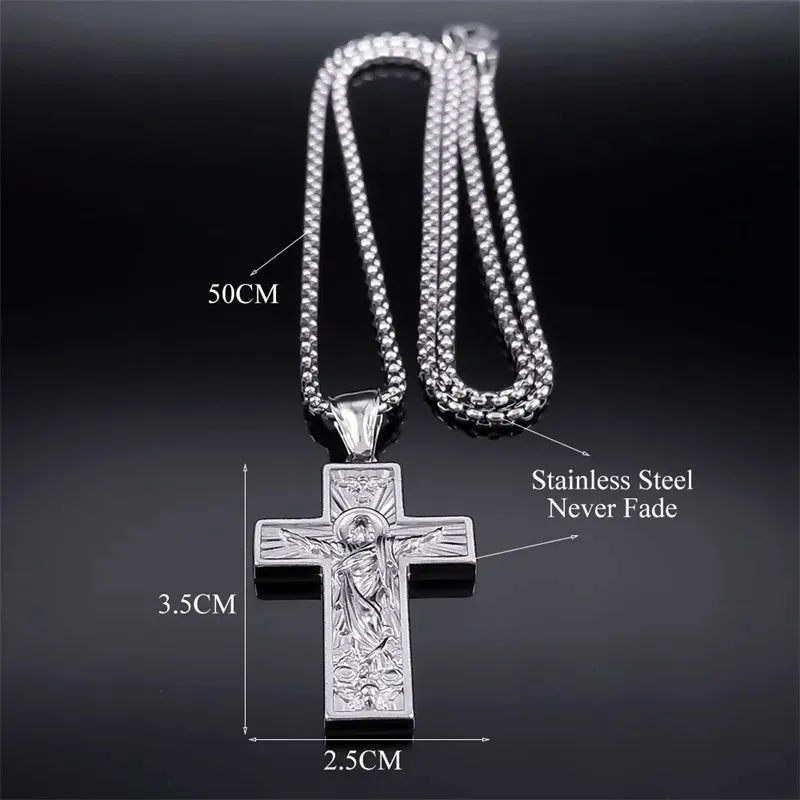 Cross Jesus Necklace Pendant for Men Women Stainless Steel Silver Color