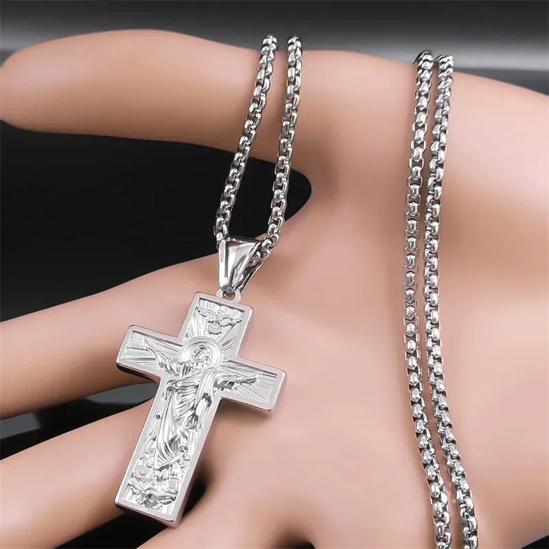 Cross Jesus Necklace Pendant for Men Women Stainless Steel Silver Color