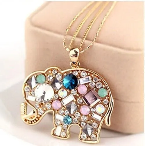Crystal Rhinestone Colorful  Elephant Necklace Pendant For Women