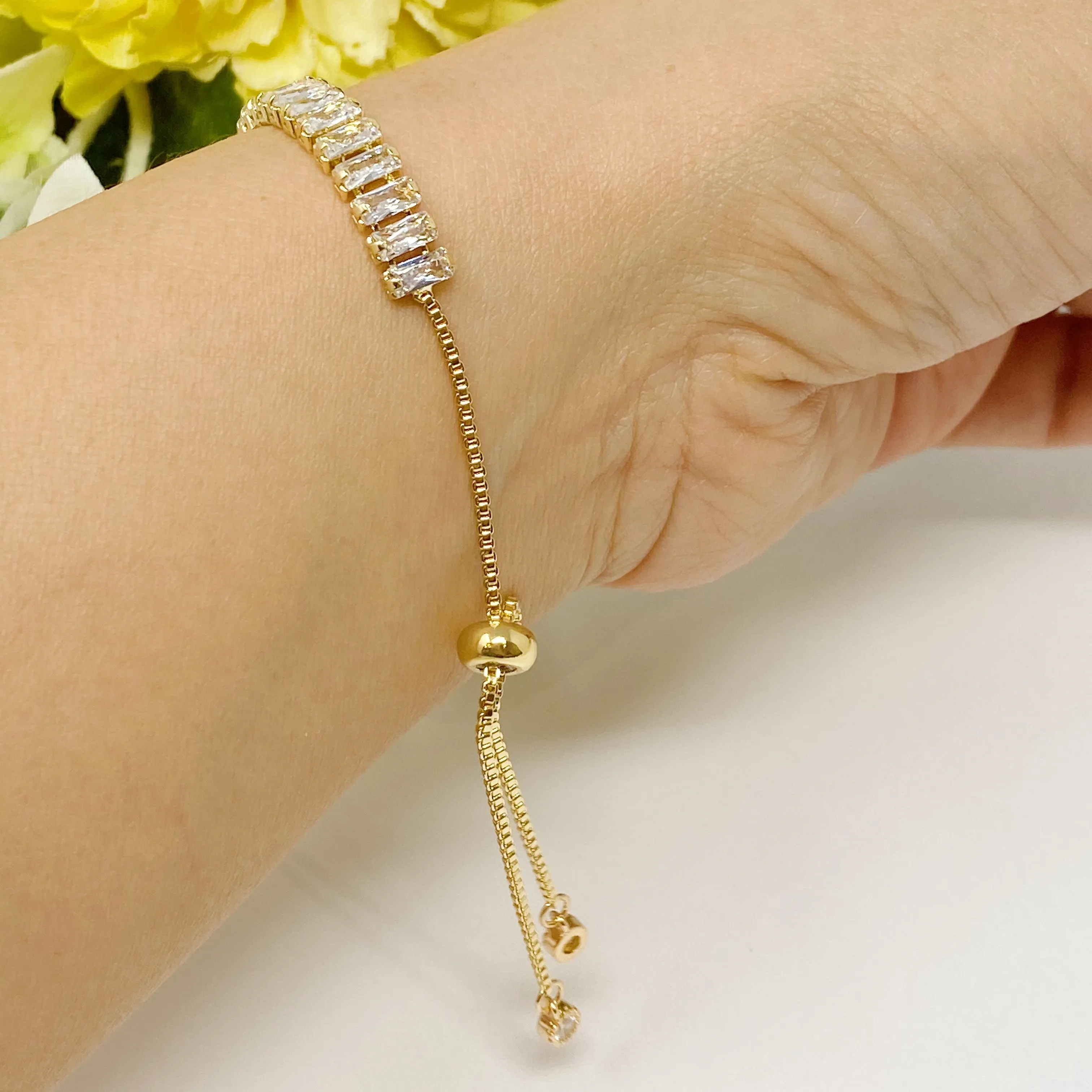 Cubic Zirconia Square Cut Stones Dainty Chain With Sliding Draw String Bracelet
