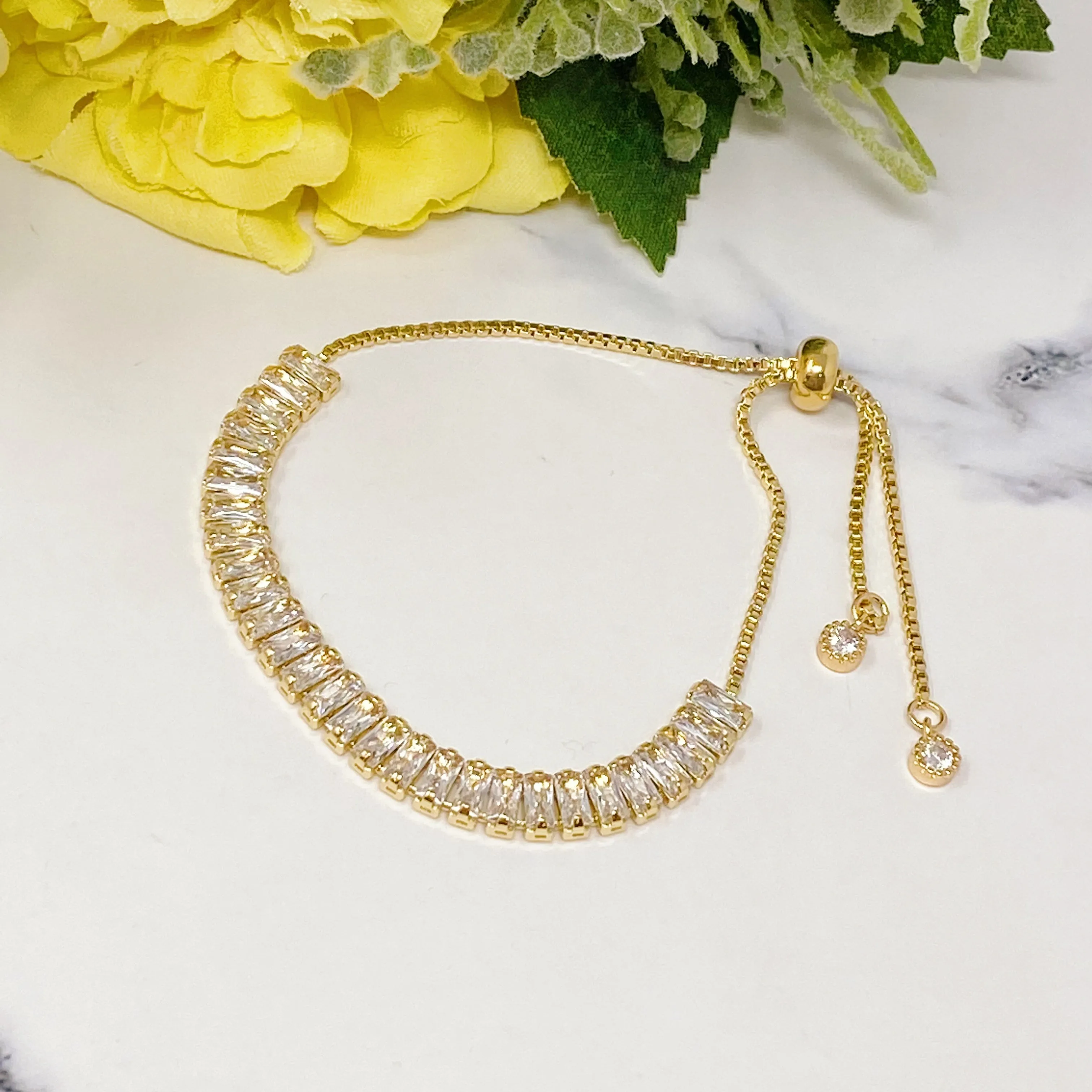Cubic Zirconia Square Cut Stones Dainty Chain With Sliding Draw String Bracelet