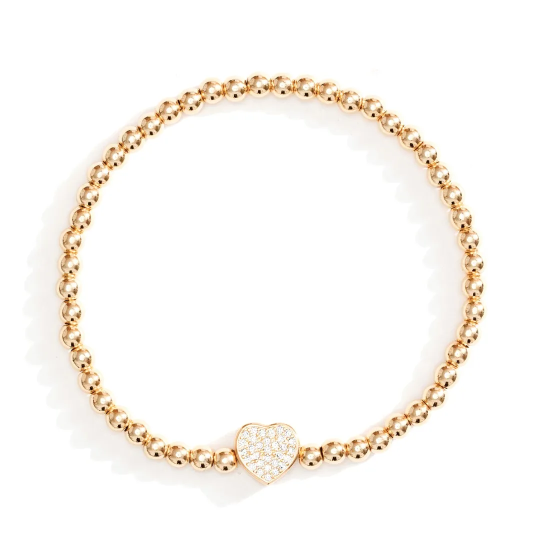 CZ Flat Heart Beaded Bracelet - Gold
