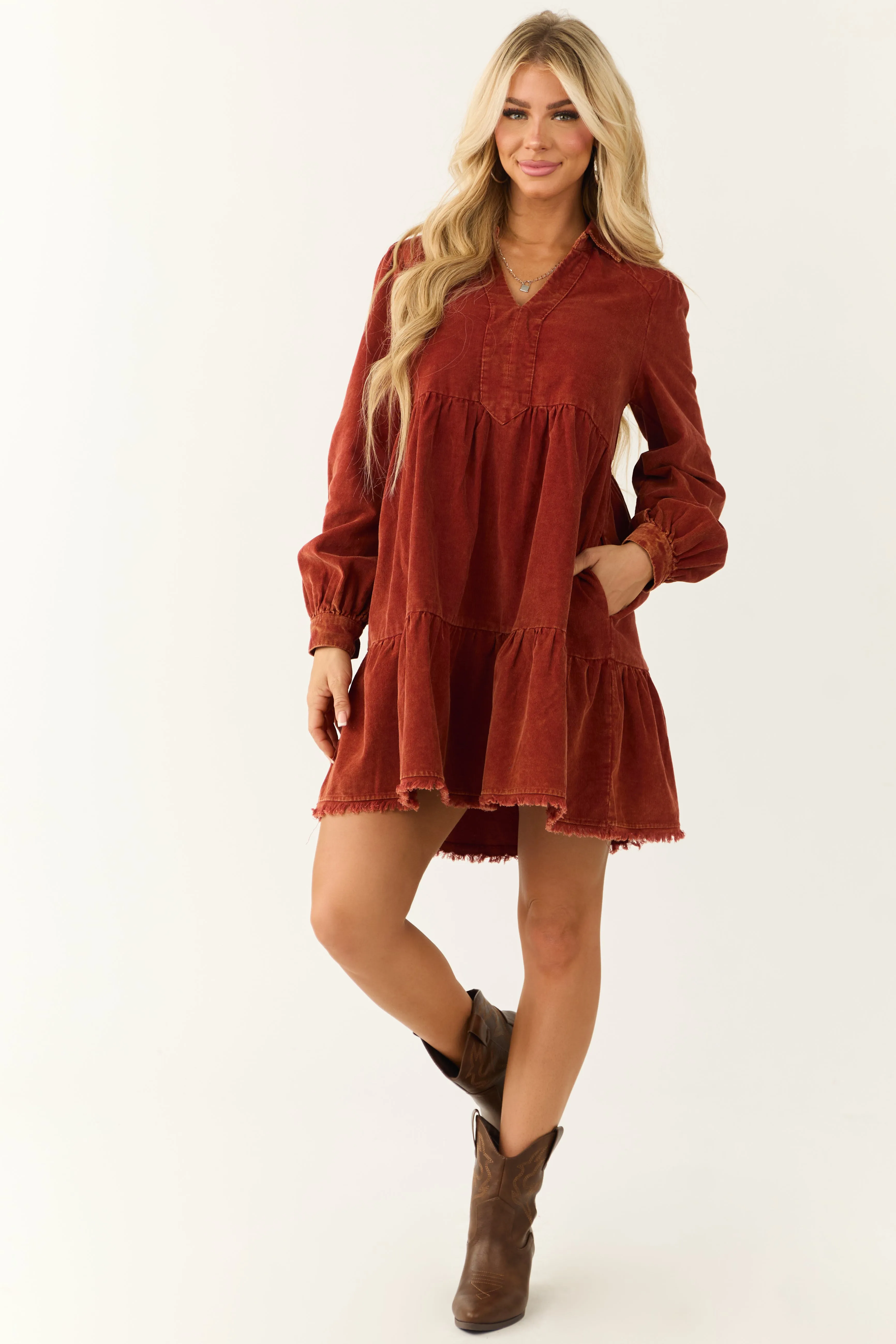 Dusty Rust Washed Corduroy Tiered Short Dress