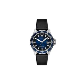 Emporio Armani Three-Hand Date Black Leather Watch