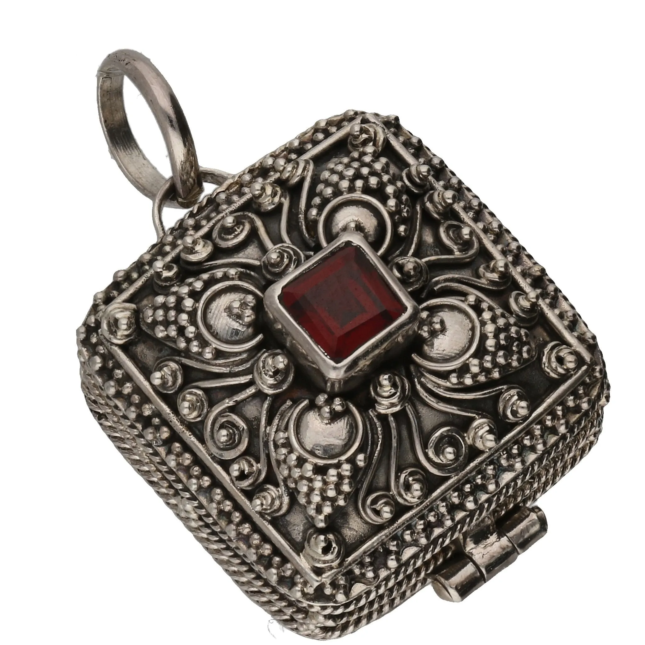 Garnet and Sterling Silver Square Poison Box Locket Pendant