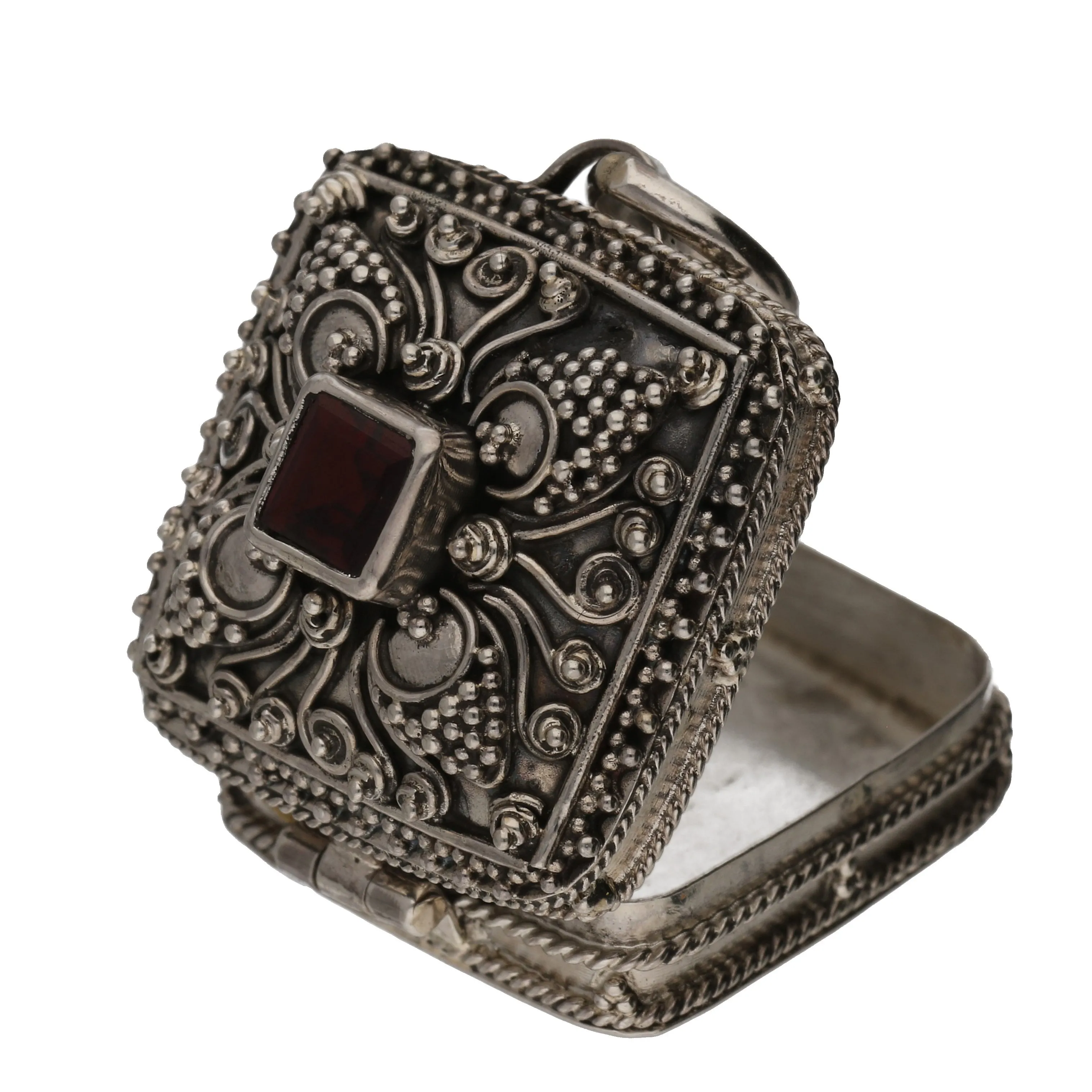 Garnet and Sterling Silver Square Poison Box Locket Pendant