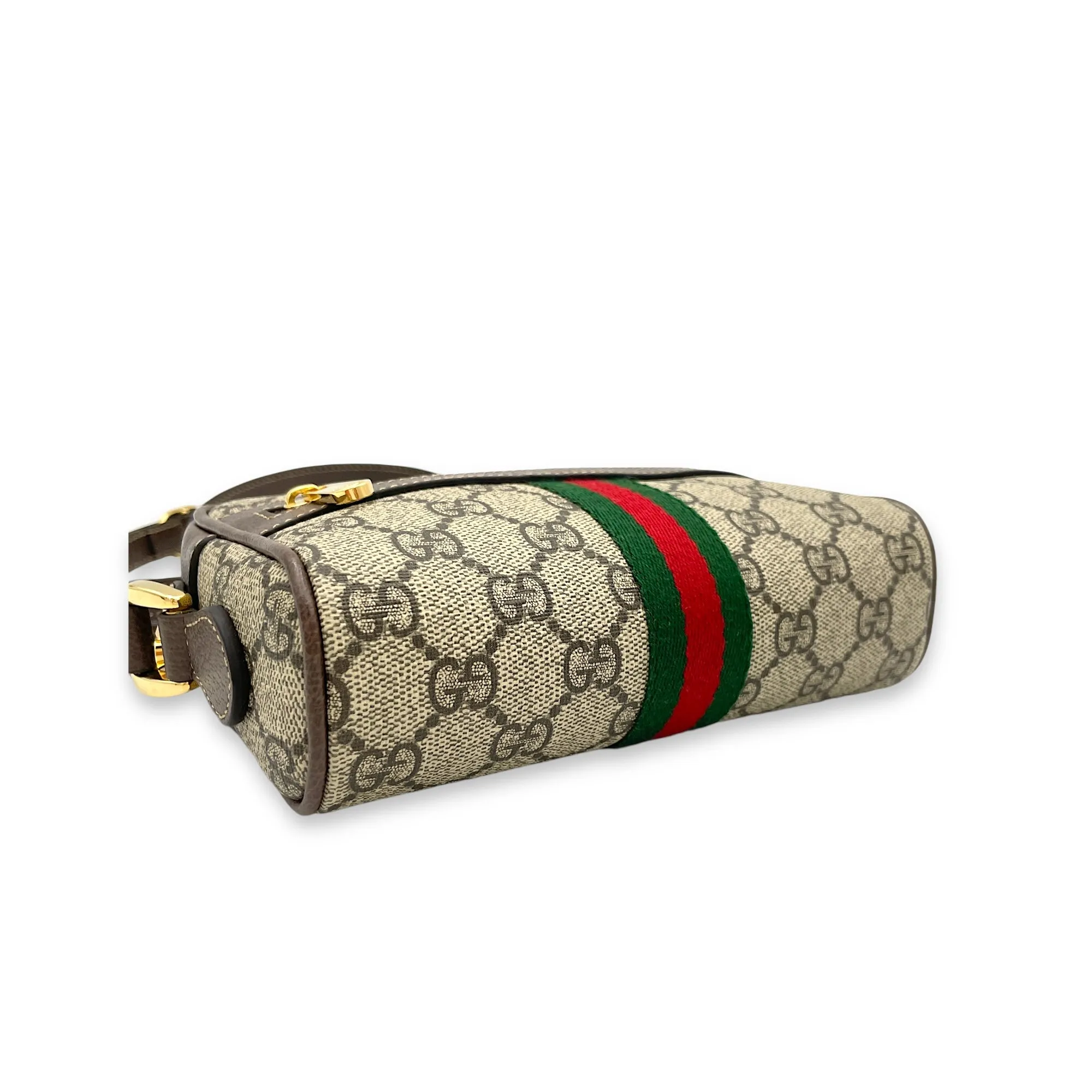 GG Supreme Web Ophidia Brown Crossbody Bag in Monogram Coated Canvas, Gold hardware