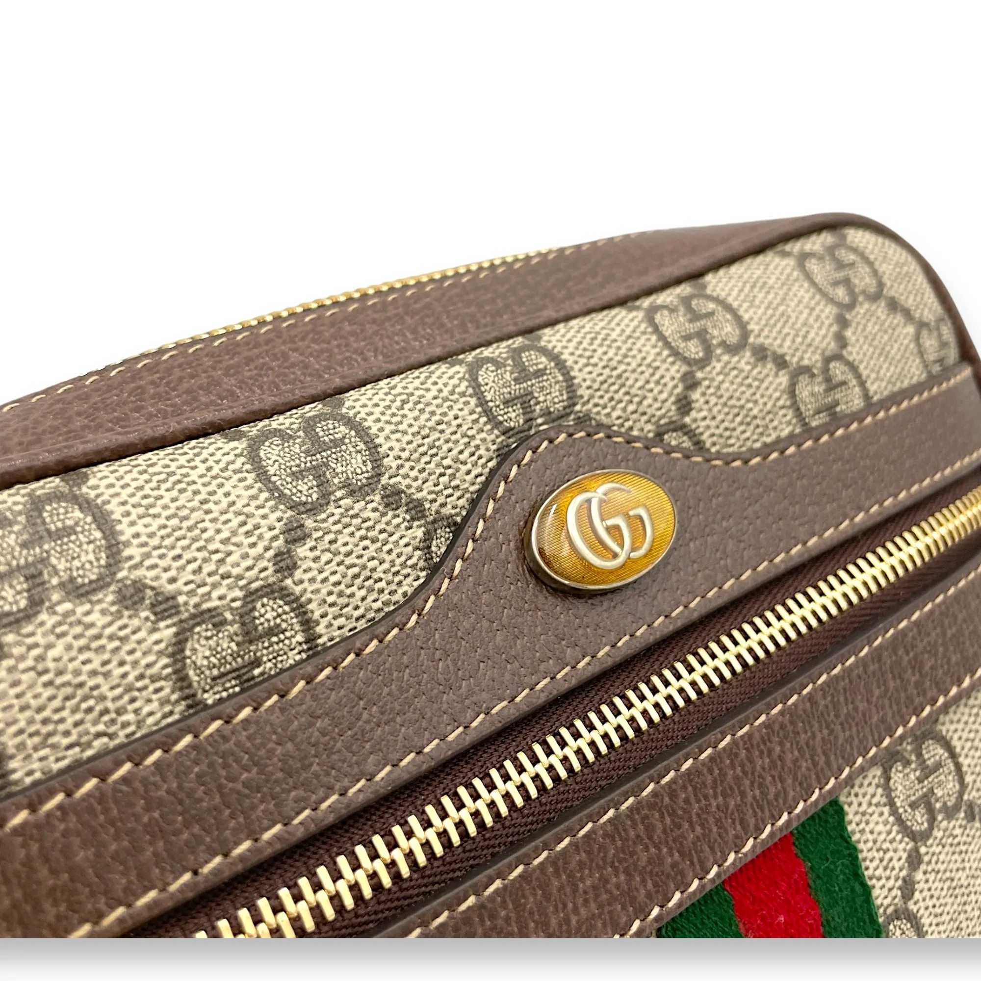 GG Supreme Web Ophidia Brown Crossbody Bag in Monogram Coated Canvas, Gold hardware