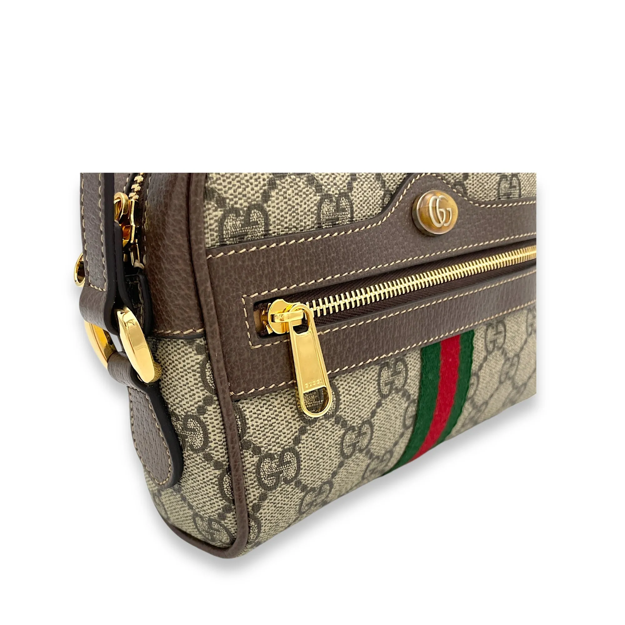 GG Supreme Web Ophidia Brown Crossbody Bag in Monogram Coated Canvas, Gold hardware