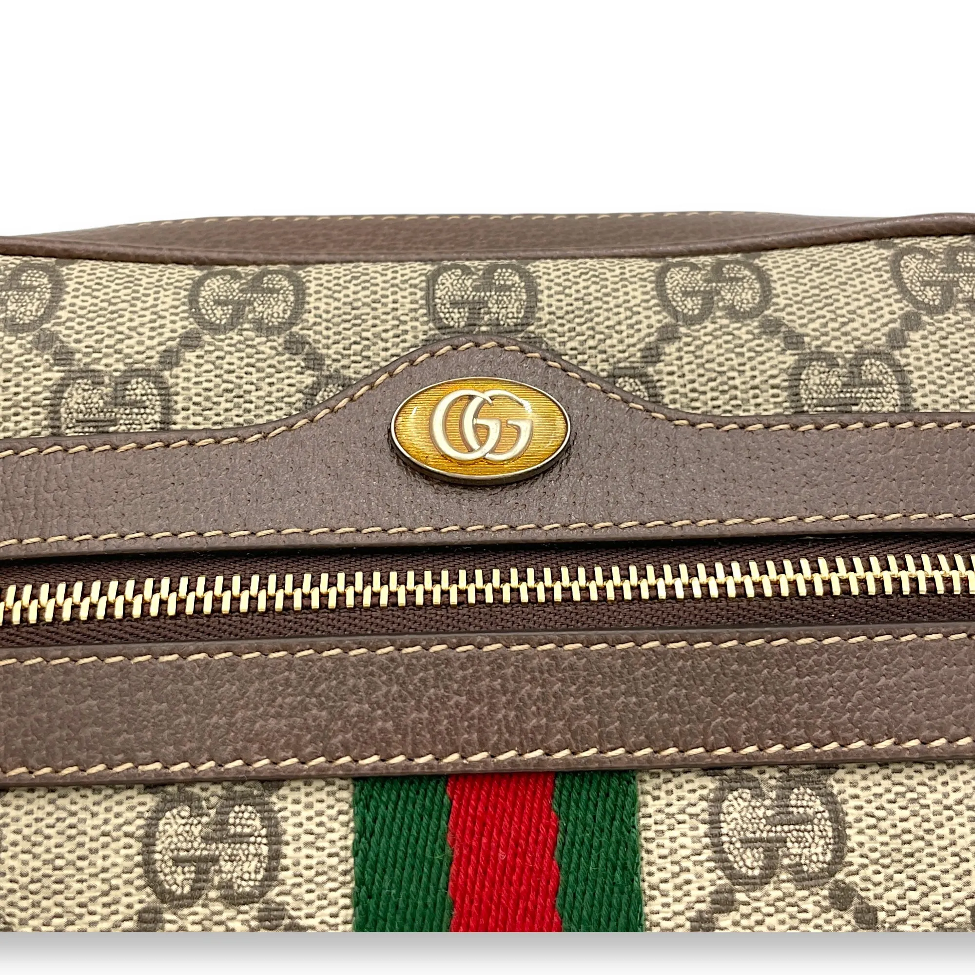 GG Supreme Web Ophidia Brown Crossbody Bag in Monogram Coated Canvas, Gold hardware