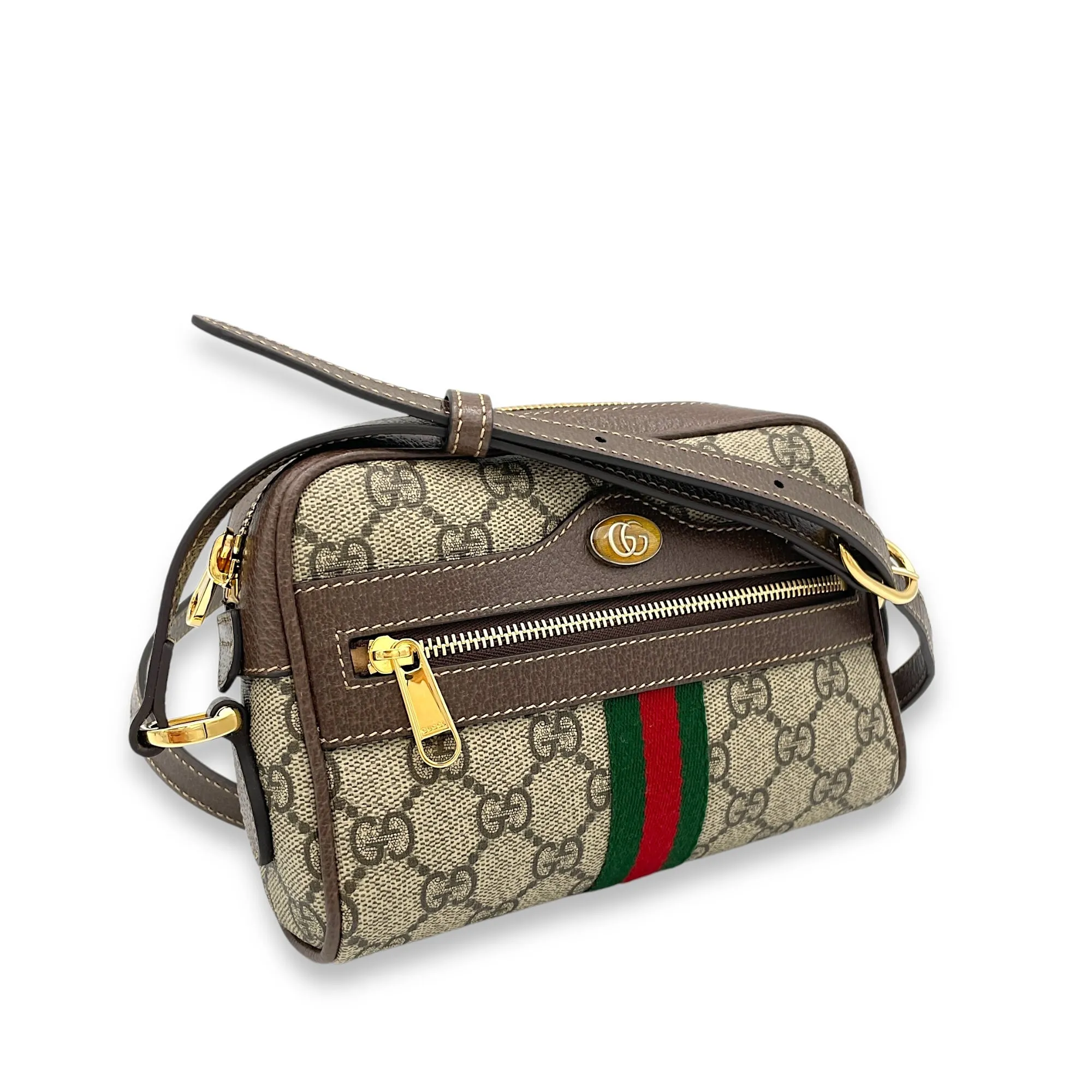 GG Supreme Web Ophidia Brown Crossbody Bag in Monogram Coated Canvas, Gold hardware