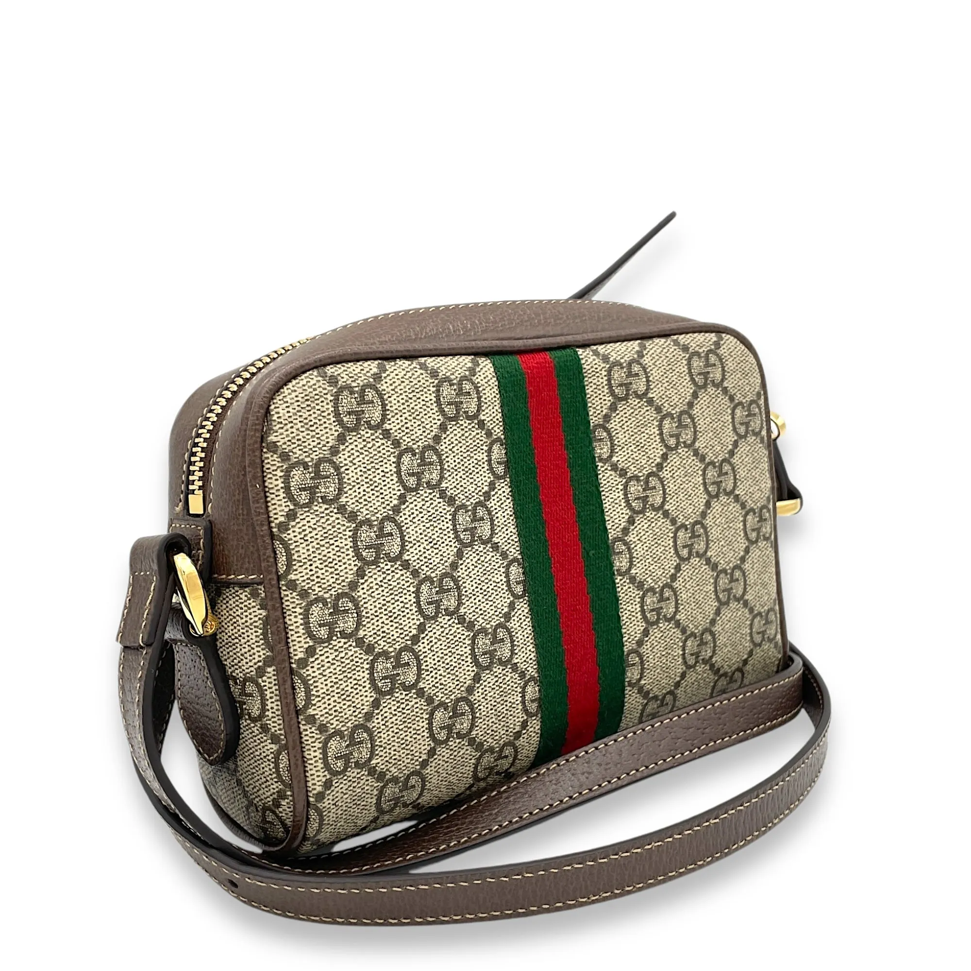 GG Supreme Web Ophidia Brown Crossbody Bag in Monogram Coated Canvas, Gold hardware