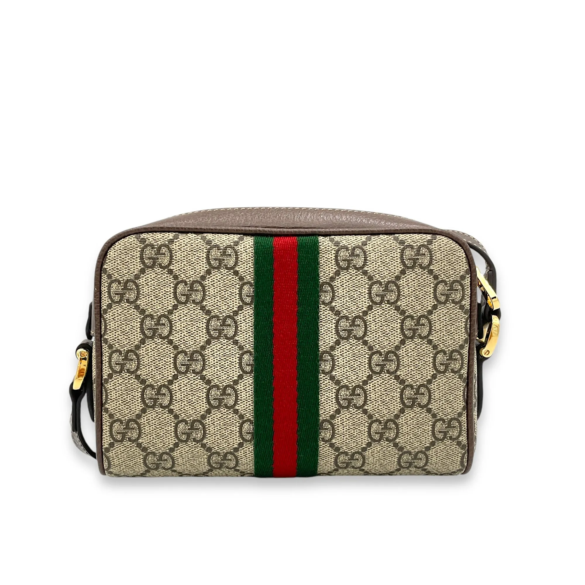 GG Supreme Web Ophidia Brown Crossbody Bag in Monogram Coated Canvas, Gold hardware