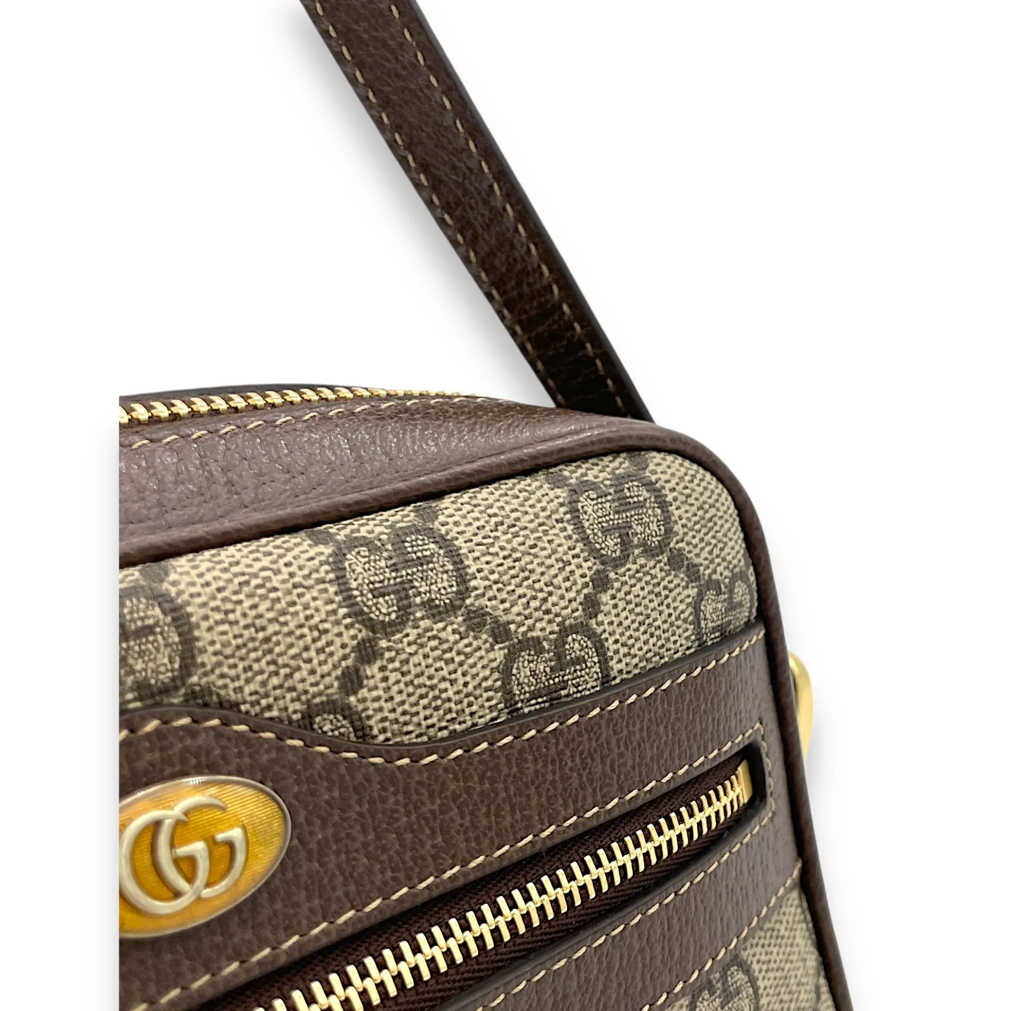 GG Supreme Web Ophidia Brown Crossbody Bag in Monogram Coated Canvas, Gold hardware