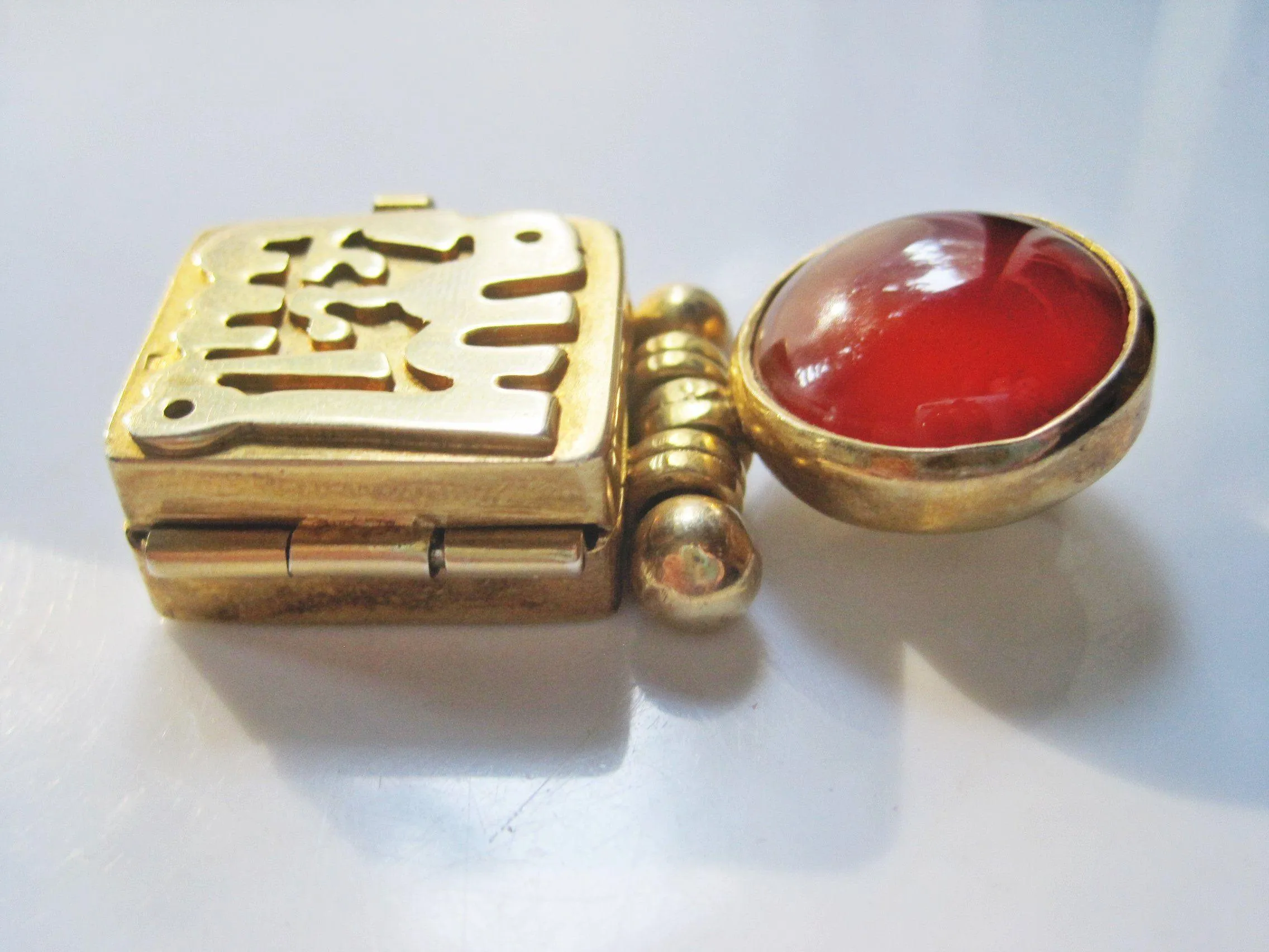 Gold Plated Silver and Carnelian MashAllah Egyptian Pendant with Secret Compartment