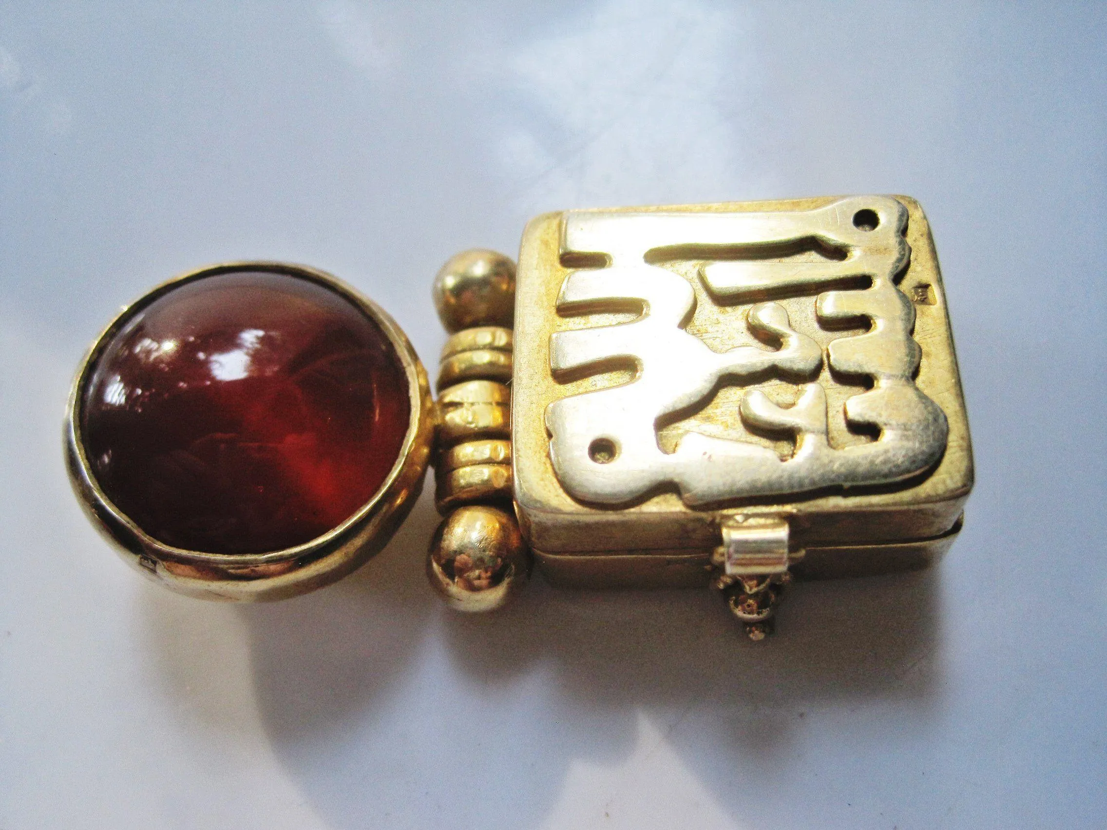 Gold Plated Silver and Carnelian MashAllah Egyptian Pendant with Secret Compartment