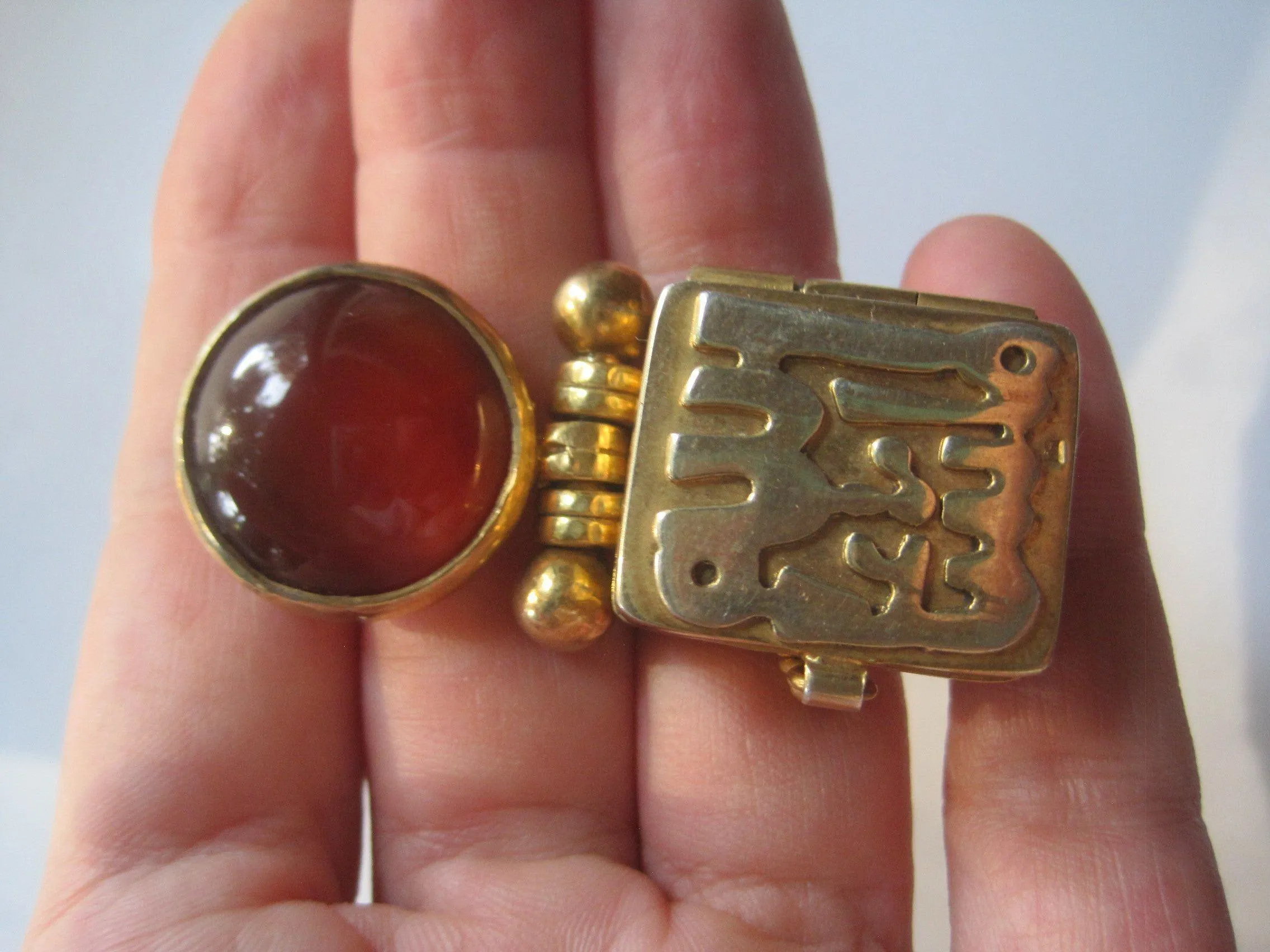 Gold Plated Silver and Carnelian MashAllah Egyptian Pendant with Secret Compartment