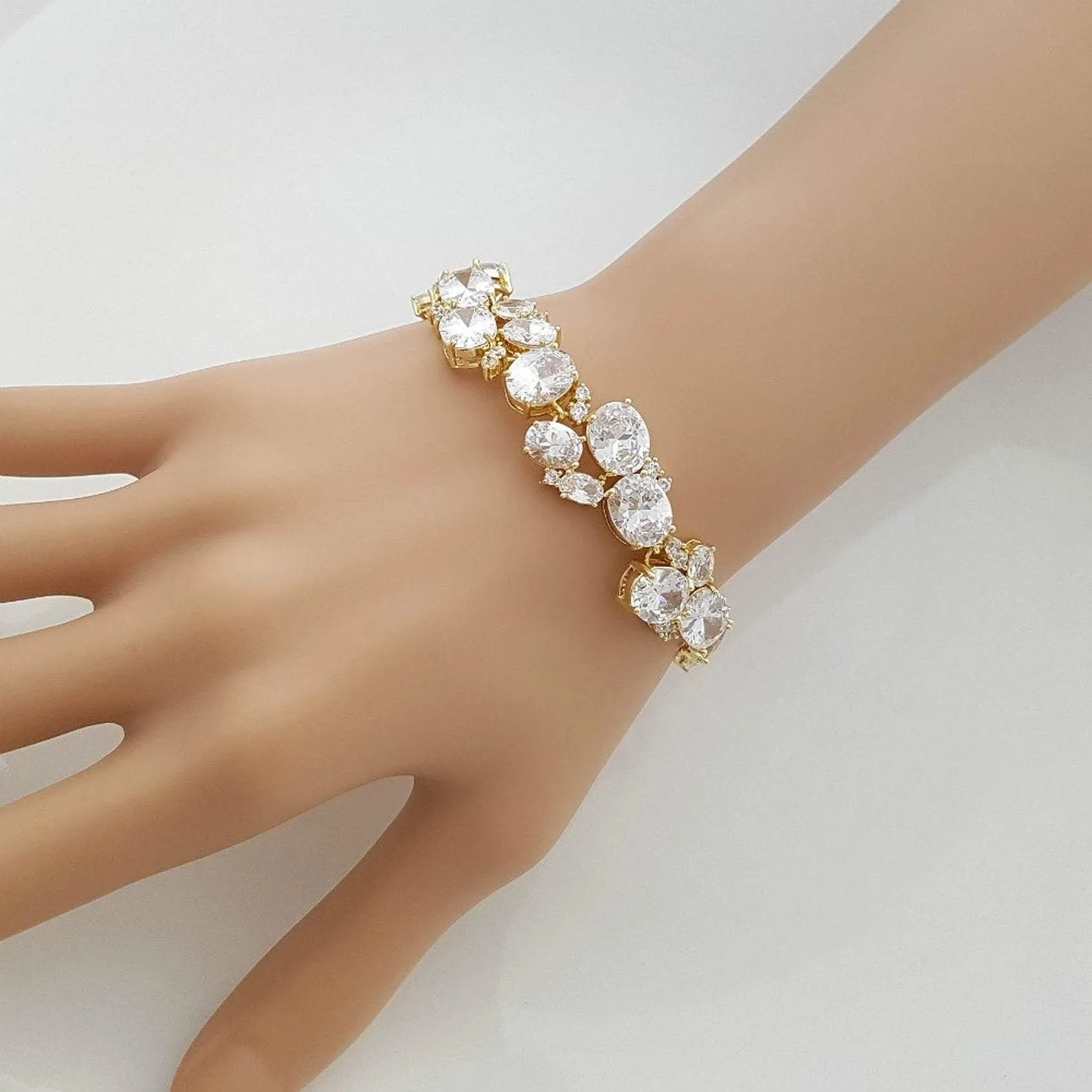 Gold Wedding Bracelet with Oval Cut CZ Stones-Emily
