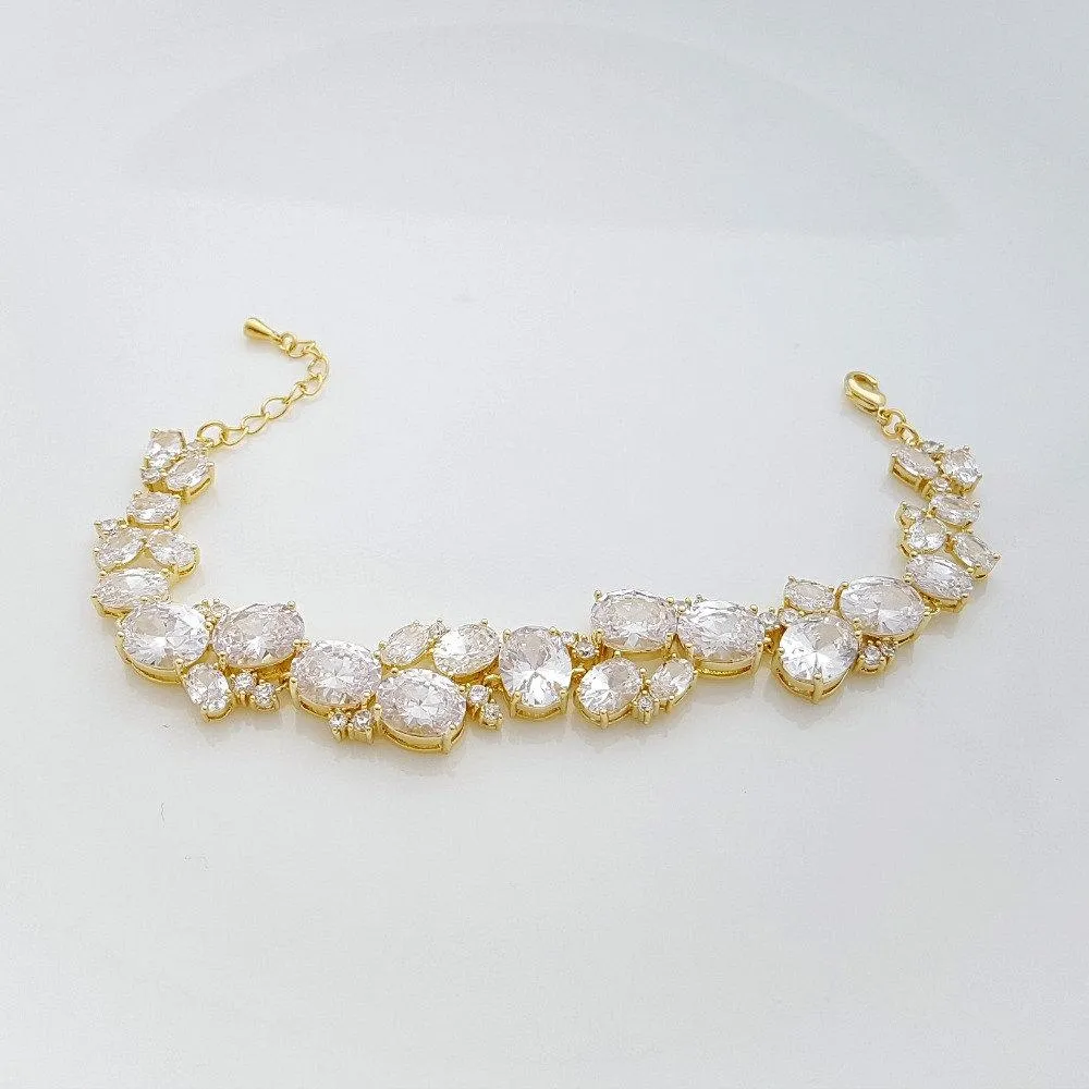 Gold Wedding Bracelet with Oval Cut CZ Stones-Emily