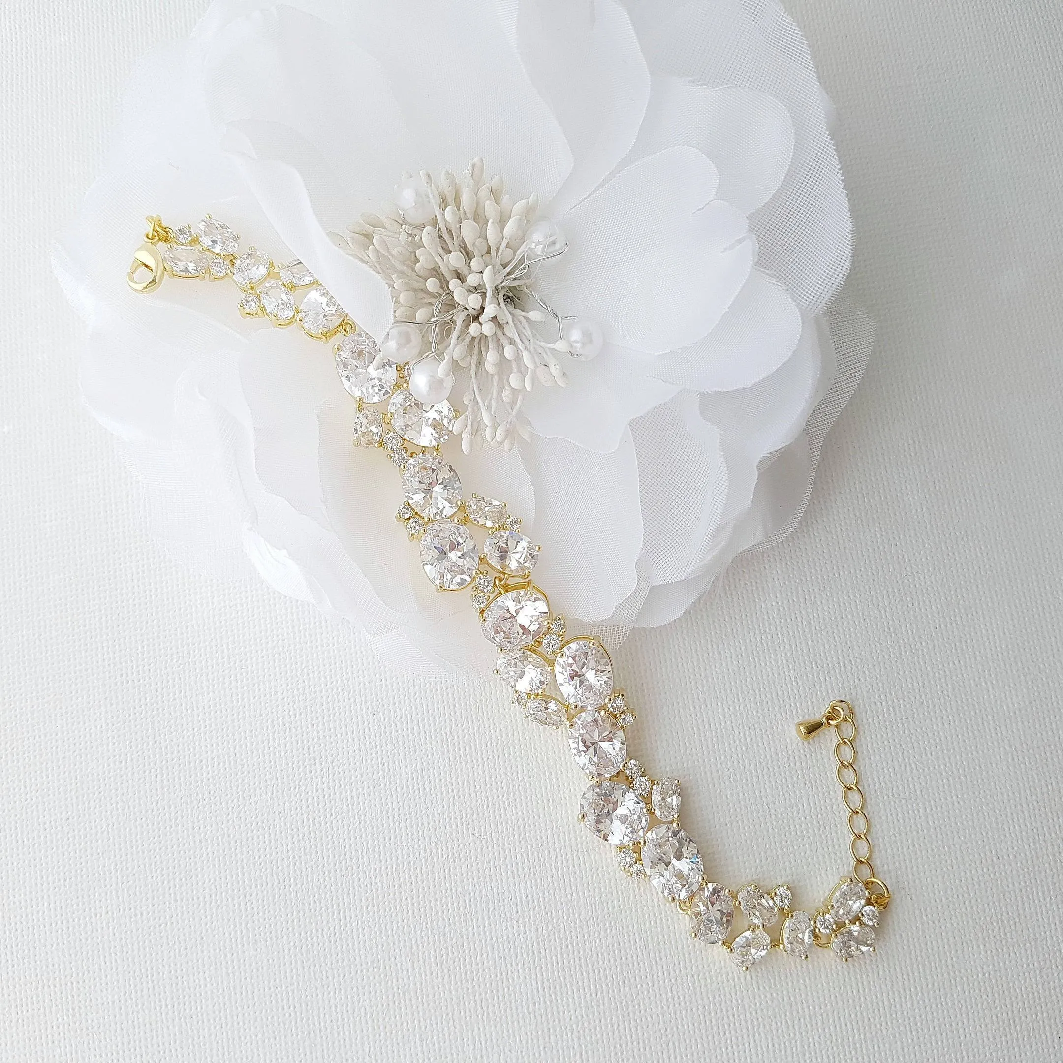 Gold Wedding Bracelet with Oval Cut CZ Stones-Emily