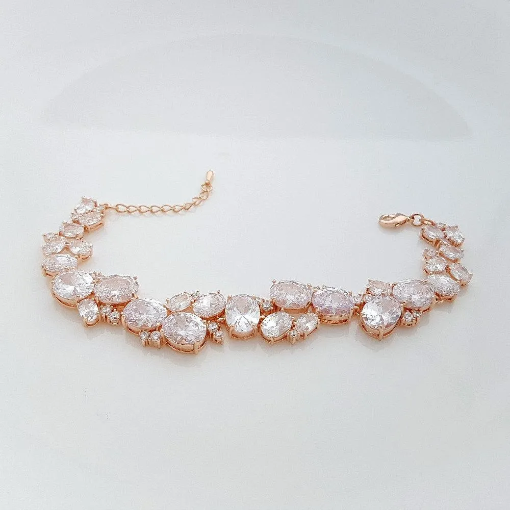Gold Wedding Bracelet with Oval Cut CZ Stones-Emily