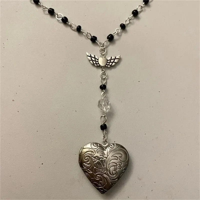 Handmade Heart Locket Rosary Style Necklace