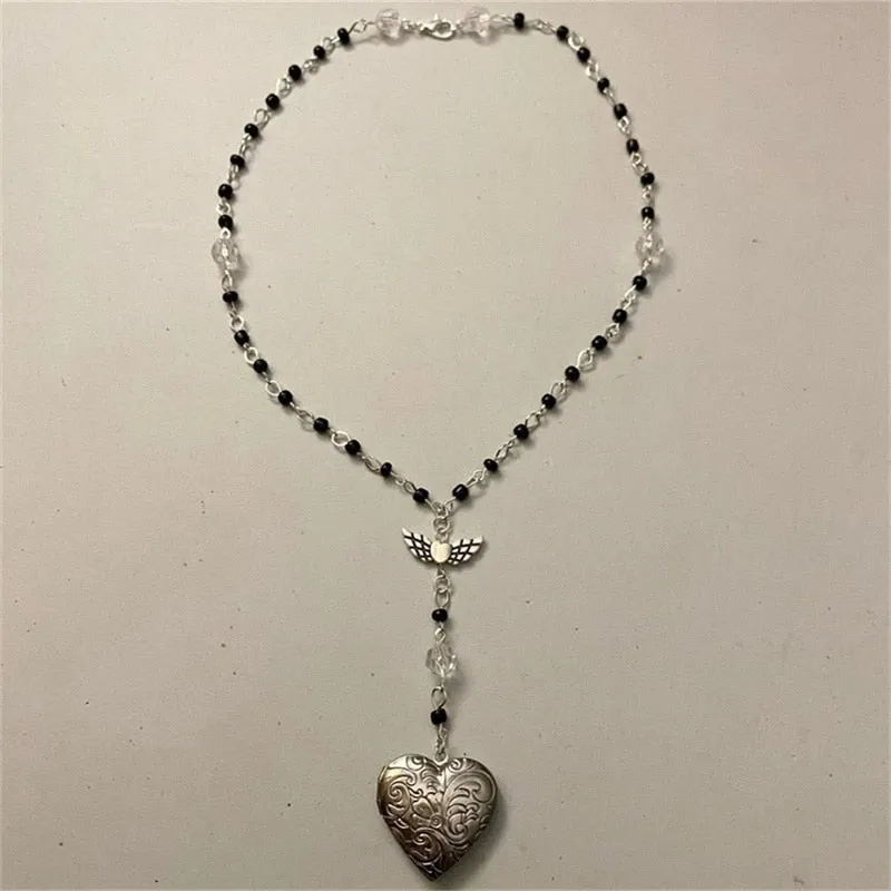 Handmade Heart Locket Rosary Style Necklace