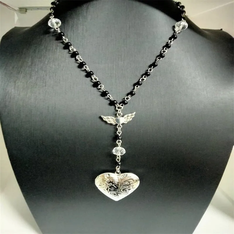 Handmade Heart Locket Rosary Style Necklace
