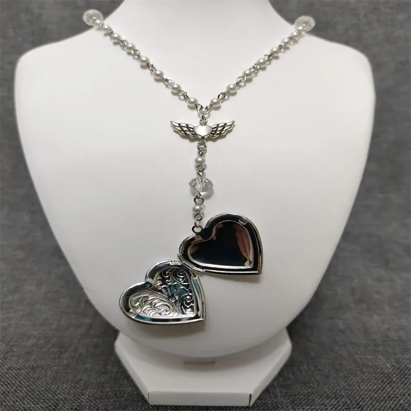 Handmade White Heart Locket Rosary Style Necklace