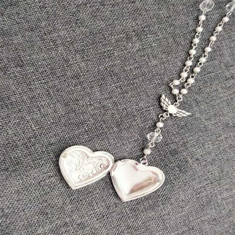 Handmade White Heart Locket Rosary Style Necklace