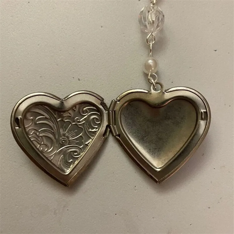 Handmade White Heart Locket Rosary Style Necklace