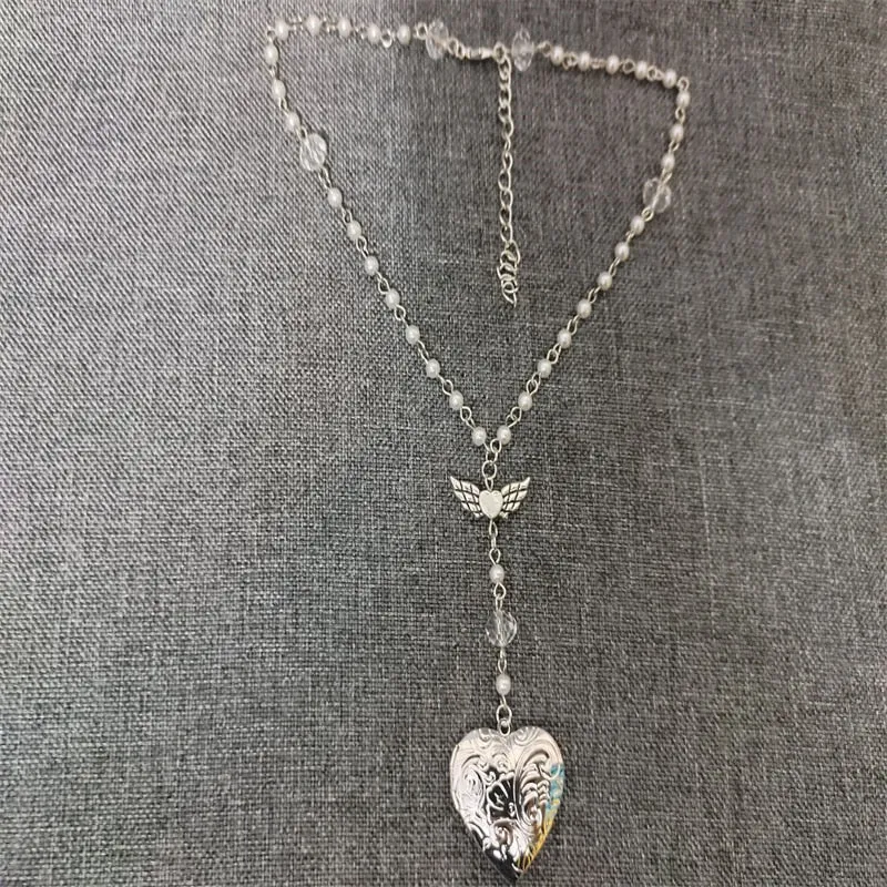 Handmade White Heart Locket Rosary Style Necklace