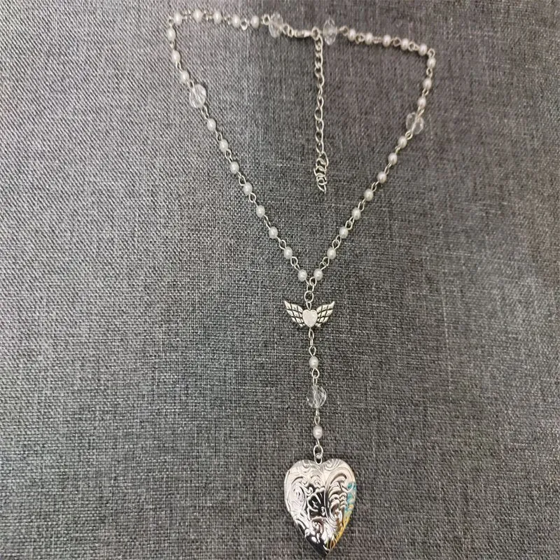 Handmade White Heart Locket Rosary Style Necklace