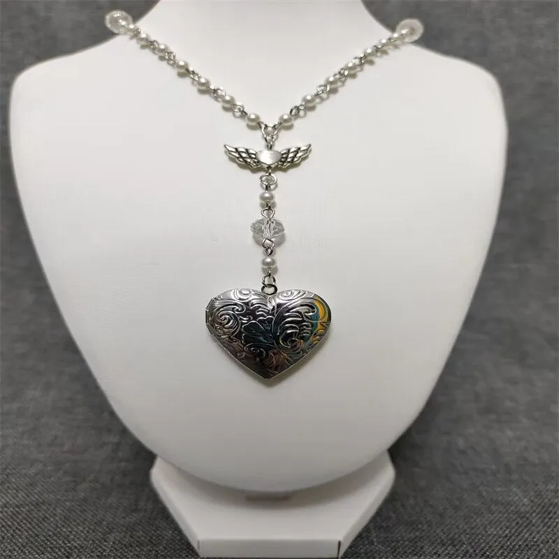 Handmade White Heart Locket Rosary Style Necklace