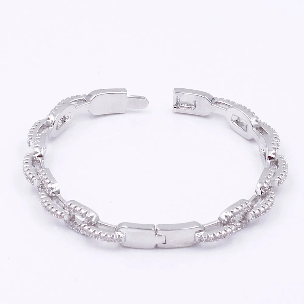 Lavencious Rhodium Plated Modern Style Cubic Zirconia Pave Link Eternity Hinged Bangle