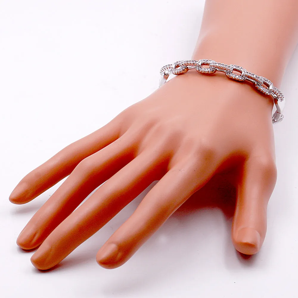 Lavencious Rhodium Plated Modern Style Cubic Zirconia Pave Link Eternity Hinged Bangle