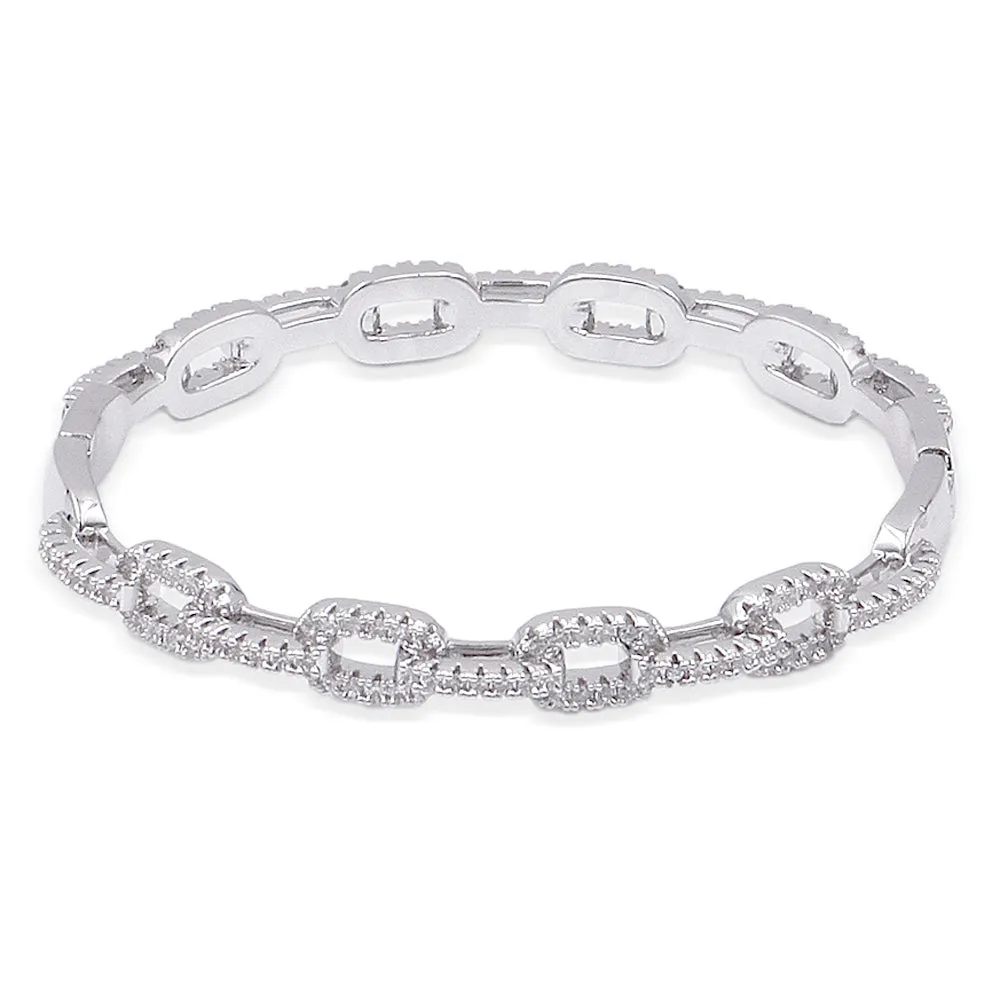 Lavencious Rhodium Plated Modern Style Cubic Zirconia Pave Link Eternity Hinged Bangle