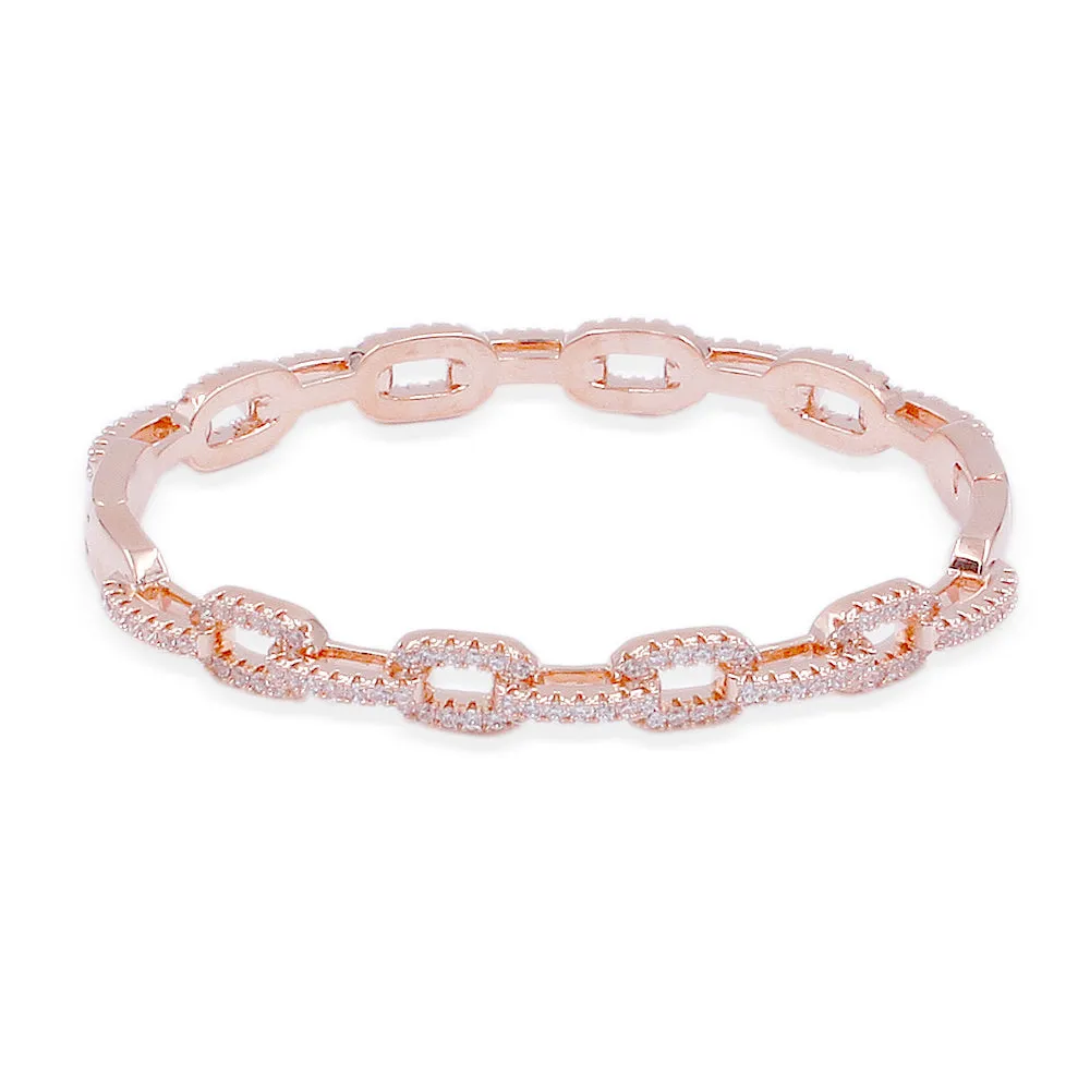 Lavencious Rose Gold Plated Modern Style Cubic Zirconia Pave Link Eternity Hinged Bangle