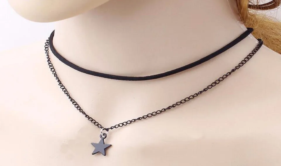 Leather Rop Star Double Chain Pendant Collar Necklace